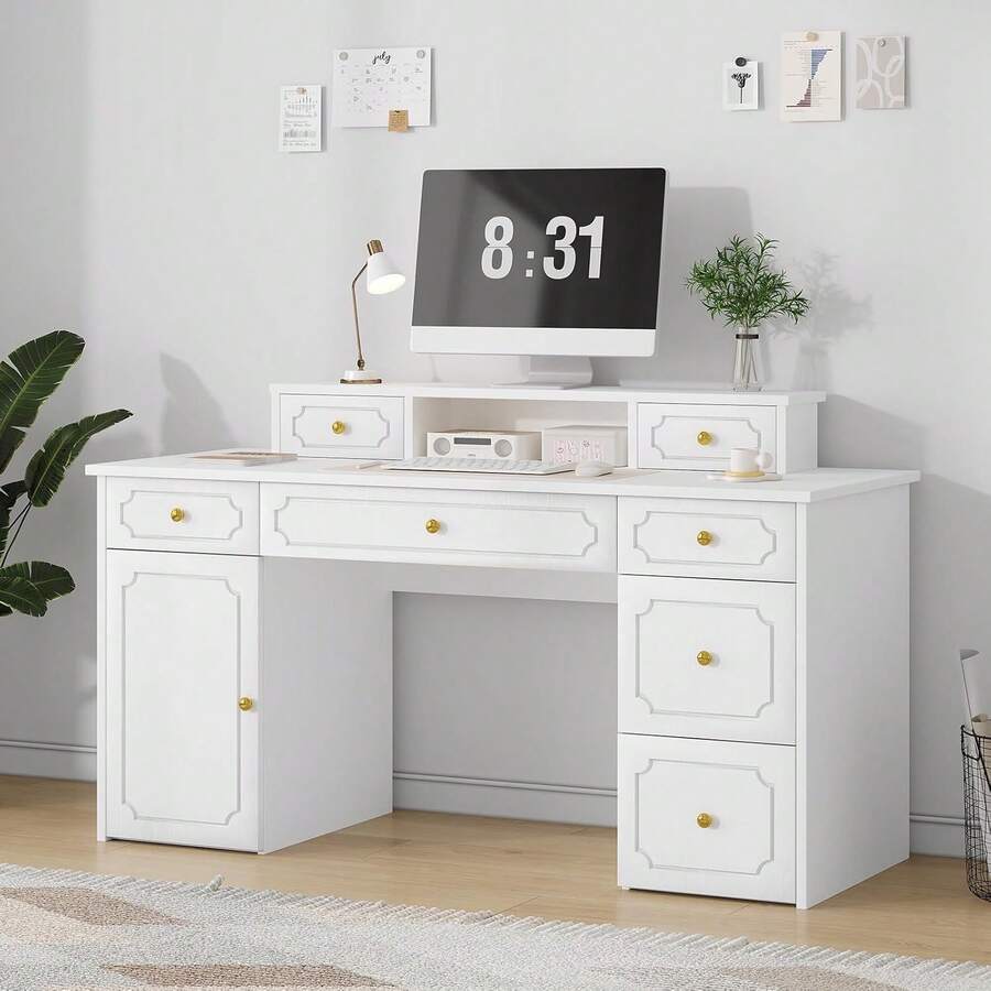 Computer Desk With 7 Drawers And Hutch, 54 Inch Home Office White Writing Desk With File Drawer And Shelves For Work Writing Study, Vanity Desk With Golden Handle For Girls, Bedroom, Black/ White - White - View 1