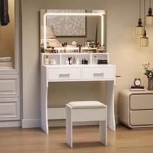 Mesa de tocador con espejo, luces LED y enchufe para estación de carga de maquillaje, 2 cajones, estantes abiertos, 3 modos de color, brillo ajustable, mesa de maquillaje para dormitorio - Blanco - Ver 4