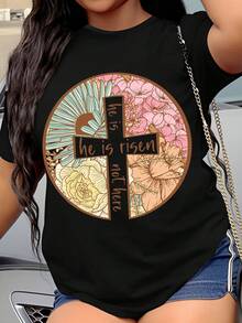 He Is Risen Not Here Christian Easter T-Shirt Floral Cross Design Religious Spring Holiday Gift For Women - Black - View 1