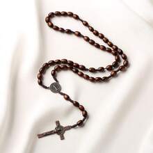 Rosary Beads Catholic For Women Handmade Wooden Catholic Rosay With Jes 1us Christ Crucifix Cross Real Healing Wooden Rosary Beads Yoga Meditation Prayer Bead Necklace - 棕色 - 查看 5