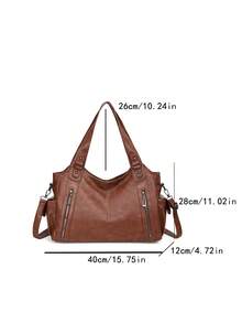 防水商务休闲PU手提包，多口袋设计，带隔层，多功能单肩斜挎包，适合年轻女孩、女大学生、白领和职场新人，完美适用于工作、商务通勤、购物、户外旅行和上学，大容量女包 - 棕色 - 查看 4