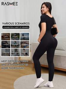 1pc Seamless Solid Color Short Sleeve Maternity Jumpsuit, Crafted With Seamless Knitting Technology For Perfect Body Fit. Black Skin-Friendly Fabric With Excellent Elasticity, Providing Flexibility And Support For The Abdomen, Suitable For Sports, Yoga, Jogging, Home, Commuting And Various Occasions.