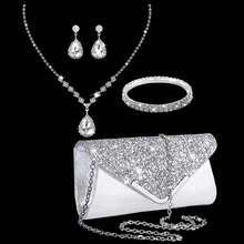 4pcs Women's Party Elegant Luxury Sequin Decor Evening Clutch Bag, Rhinestone Chain Shoulder Bag, Earrings, Necklace, Bracelet Jewelry Set - Silver - View 1
