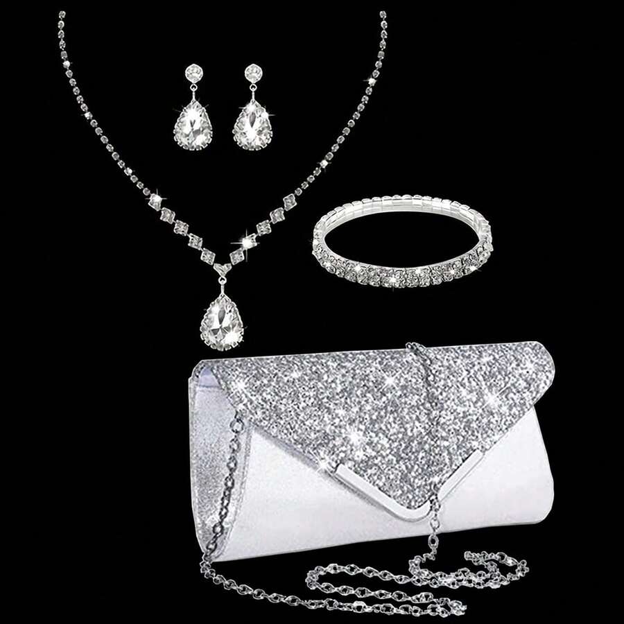 4pcs Women's Party Elegant Luxury Sequin Decor Evening Clutch Bag, Rhinestone Chain Shoulder Bag, Earrings, Necklace, Bracelet Jewelry Set - Silver - View 1