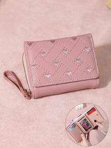 Wavhen Heart Embroidered Short Clutch Bag, Versatile Women's Lightweight Zipper Wallet, Tri-Fold Card Coin Purse Multi-Function Coin Pouch - Multicolor - View 10