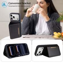 1pc Leather Flip Stand Wallet Case With Card Slots Compatible With Apple 17 Pro Max / Galaxy A56 Smartphone - Black - View 4