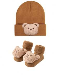 2件套婴儿针织帽和袜子，加厚冬季保暖针织帽和袜子，适合婴幼儿男孩女孩 - 2pcs - 查看 5