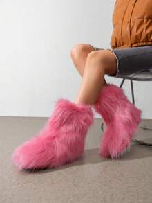 Women's Faux Fur Boot Furry Fluffy Round Toe Suede Winter Comfy Plush Warm Short Outdoor Indoor Flat Shoes Mid-Calf Boots Fashion Boots - Nâng cấp màu hồng - Xem 5