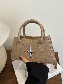 Fashion Solid Color Handbag, Casual Crease Flap Small Square Bag With Bowknot Metal Hardware Lock Closure, Tote Shoulder Crossbody Bag For Women, Spring/Summer New - Khaki - View 4