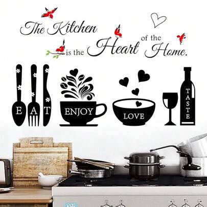 1/2pcs Kitchen Wall Sticker Quote The Kitchen Is The Heart Of Home Vinyl Decal Utensils Coffee Cup Wine Glass Pattern Waterproof DIY Art Mural For Dining Room Restaurant Decor