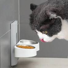 Wall-Mounted Dual Bowl Pet Feeder - Stainless Steel & Ceramic Dual Material, Adjustable Height Cat Dog Food & Water Bowls, Space-Saving Anti-Slip Design - 300ml - View 1