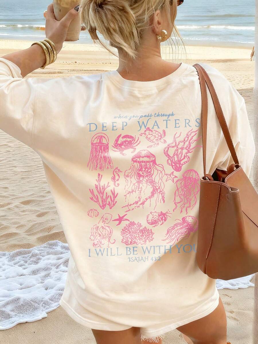 Women's Summer Casual 2026 New Loose Drapey Top, Printed With Deep Sea Creatures And Lettering, Casual Slouchy, American Vintage Healing Style Short Sleeve T-Shirt, Suitable For Beach Outings, Comfortable Daily Wear And Weekend Relaxation