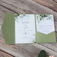 1 Peça Conjunto de Cartão de Convite Triplo de 5" X 7" com Envelope, Feito de Papel Cartão Grosso com Sensação Elegante de Alta Qualidade. Apresentando Tons de Verde Suave Emudecido, Tampa Flip-Top e Bolsos Internos Estratificados para Fácil Organização e Proteção. Projetado para Convites de Casamento, Também Adequado para Convites de Festa, Aniversário e Outros Eventos. - verde - Visão 2