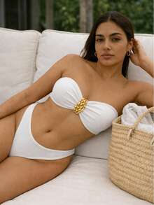 Women's High-Cut Strapless Bikini With Elegant Buckle - Beachwear - trắng - Xem 2