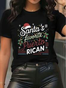 Weihnachts-Grafik-T-Shirt "Santa's Favorite Puerto Rican" mit Kurzarm, Weihnachtsbeleuchtung, Stechpalme, Weihnachtsmann-Mütze Dekoration, lässiges Feiertags-T-Shirt