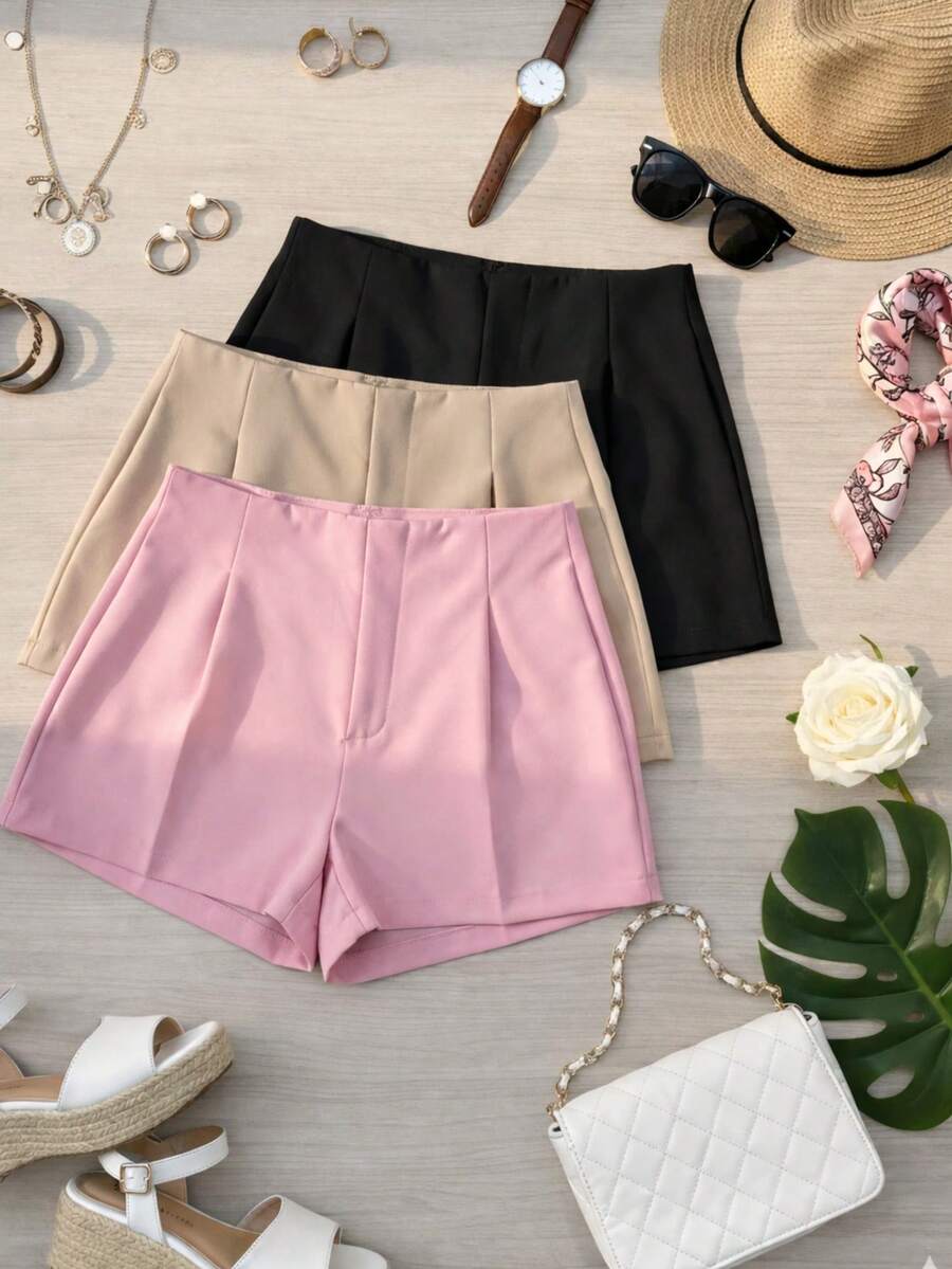 ✨ Set Of 3 Women's Dress Shorts – Summer 2025 Fashion ✨ - 嬰兒粉,米色和黑色 - 查看 1