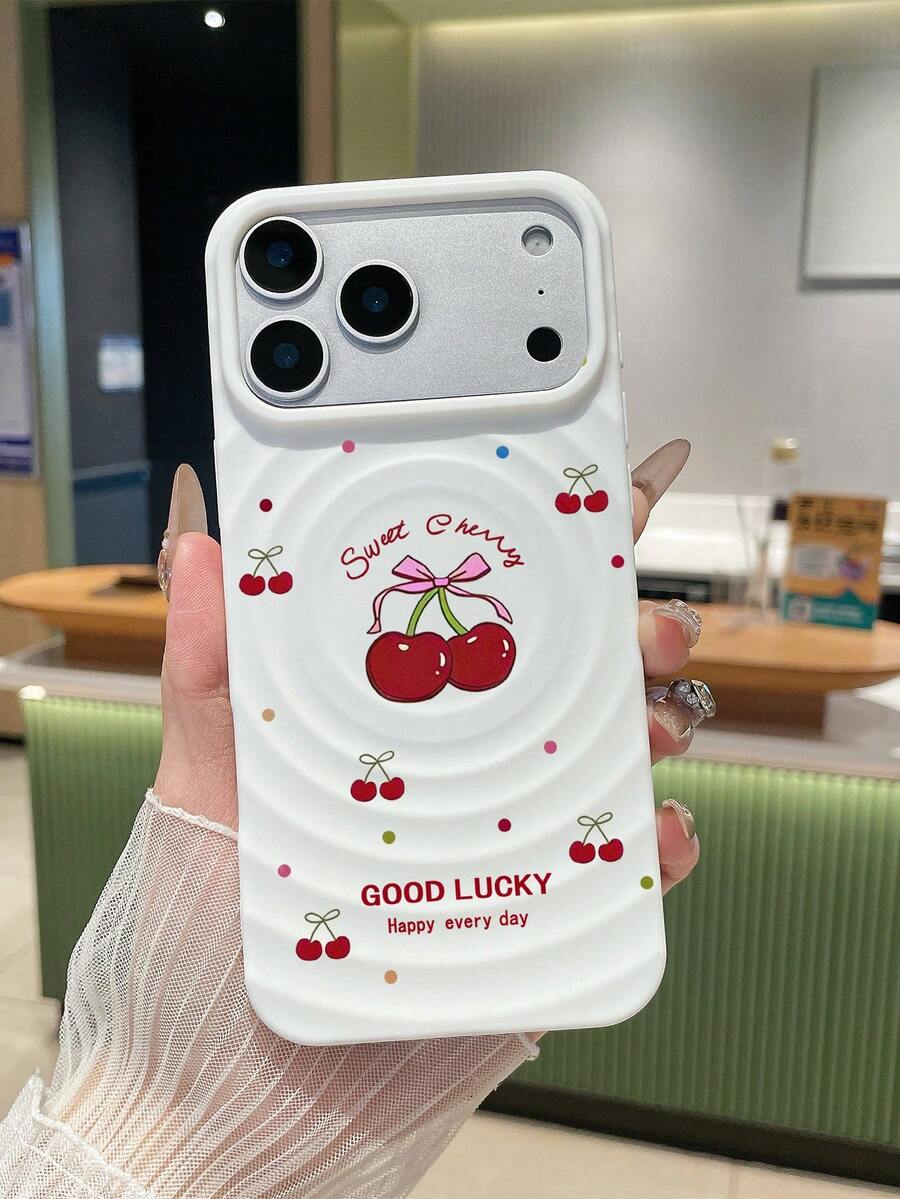 1800克强磁甜樱桃蝴蝶结设计软硅胶TPU保护壳，Y2K可爱美学波浪图案，好运标语，兼容 11、17 Pro Max、15、17 - 白色 - 查看 1