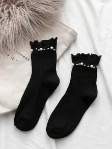 1双女士珍珠边中筒袜，时尚百搭罗纹袜，春秋季