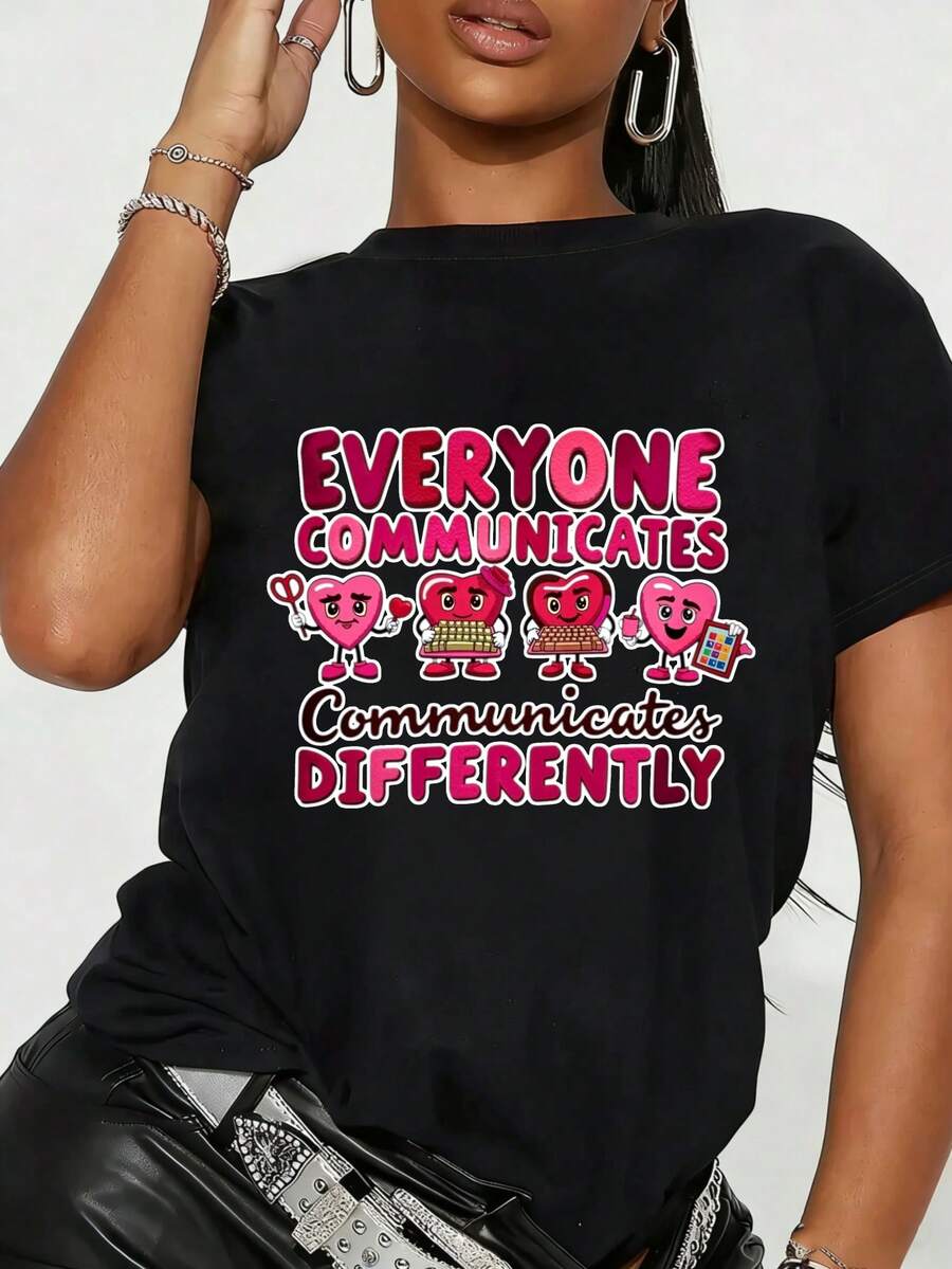 Everyone Communicates Differently Valentine'S Day T-Shirt - Speech & SLP Graphic Tee With Retro Candy Hearts & AAC Symbols - Soft Breathable Unisex Crew Neck Short Sleeve Shirt For Therapists, Speech Pathologists, - Lightweight Machine Washable Casu - 黑色 - 查看 1