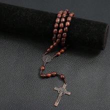 Rosary Beads Catholic For Women Handmade Wooden Catholic Rosay With Jes 1us Christ Crucifix Cross Real Healing Wooden Rosary Beads Yoga Meditation Prayer Bead Necklace - Gray - 查看 4