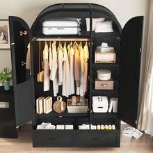Armoire Wardrobe With Mirror & Lights, 71" Farmhouse Arched Design, Features Hanging Rod & Drawers For Bedroom Storage - 黑色 - 查看 1