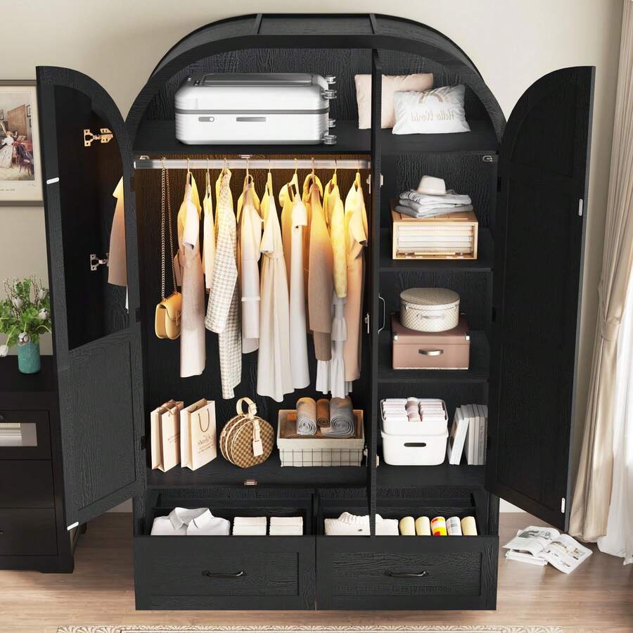 Armoire Wardrobe With Mirror & Lights, 71" Farmhouse Arched Design, Features Hanging Rod & Drawers For Bedroom Storage - 黑色 - 查看 1