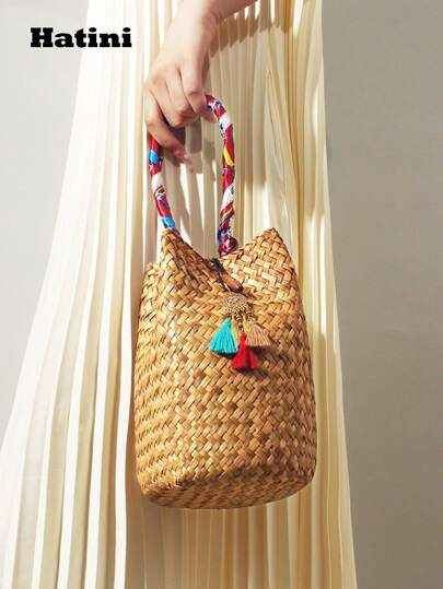 1件波西米亚风时尚流苏编织包，休闲度假沙滩手提包，户外野餐派对手提包，适合女性办公、通勤、约会、购物、休闲、度假、海滩、音乐节、派对、婚礼、学校等场合（天然稻草色可能略有差异）