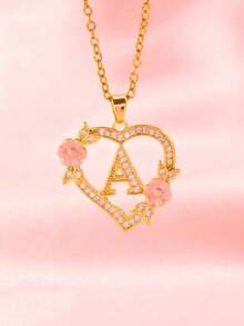 1pc Heart Flower Letter Necklace, Personalized Heart Flower 26 Letter Pendant Necklace, Birthday Gift