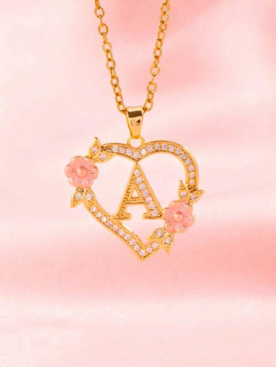 1pc Heart Flower Letter Necklace, Personalized Heart Flower 26 Letter Pendant Necklace, Birthday Gift