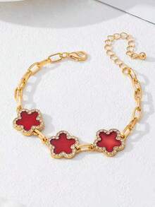 Minimalist High-End Inlaid Oil Drop 5-Petal Flower Bracelet, Suitable For Women's Daily, Date, Party Wear
