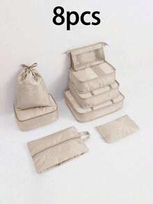 7pcs/Set Travel Packing Cubes Set, Multi-Functional Organizer Bags, Large Capacity Zipper Bags, Handheld Travel Bag, Organizer Pouch, Mesh Bag, Cosmetic Bag, Shoe Bag, Bottle Sleeve, Drawstring Bag, Suitable For Clothes, Underwear, Cosmetics, Toiletries