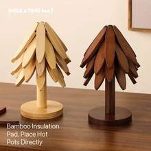 一套胡桃木树形隔热垫套装 - 天然树形隔热垫套装 - 5 个木质隔热垫和 1 个支架，可折叠木质隔热垫，适用于厨房，可用于放置热菜、锅、碗、茶壶、保温器、隔热垫、杯垫、砂锅垫，树形设计，家用耐热餐垫，高品质杯垫，现代简约餐垫，圣诞礼物 - 彩色 - 查看 3