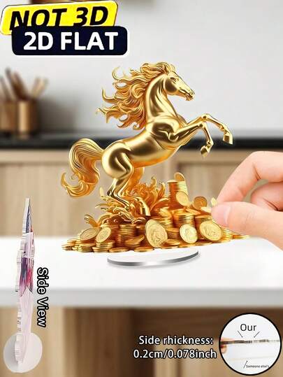 2D立体金色招财马亚克力桌面摆件，带硬币底座 - 2D立体印刷招财摆件，适用于家居、办公室、卧室、客厅，无需电池，乔迁新居、生日礼物，家居装饰及配件
