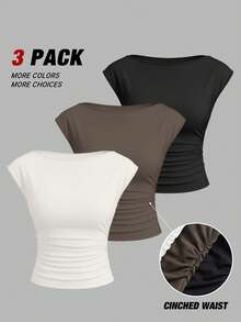 JTI 3pcs Y2K Pleated Waist Camisole, Boat Neck Fitted Vest, Basic Elegant Office Workwear - Multicolor - View 2