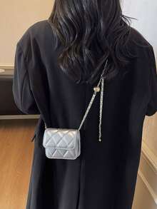 Primavera e Verão, Simples e Versátil, Textura de Alta Qualidade, Alça de Corrente de Bola de Ouro com Bordado de Strass, Pode Ser Usado sobre o Ombro e Axila, Mini Bolsa para Batom - Prata - Visão 3