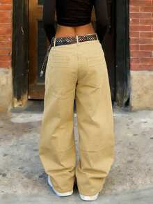 Women's Khaki Loose Wide-Leg Minimalist Style Denim Jeans - Daily Street Fashion Versatile Pants - Khaki - View 8