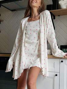 2pcs Women Knit Printed Long Sleeve Robe & Camisole Nightgown Sleepwear Set, Suitable For Spring, Summer, Autumn, Can Be Worn Outdoors - White - View 1