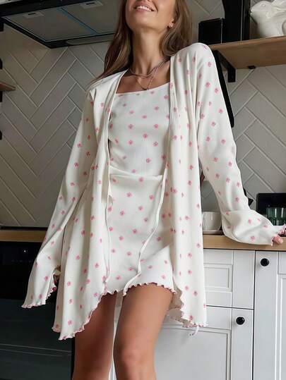 2pcs Women Knit Printed Long Sleeve Robe & Camisole Nightgown Sleepwear Set, Suitable For Spring, Summer, Autumn, Can Be Worn Outdoors