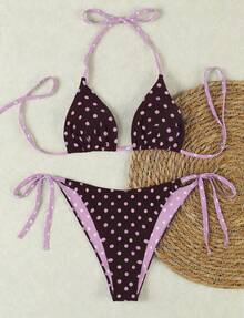 Plus Size Summer New Women's Suspender Solid Color Hanging Neck Pink Polka Dot Triangle Cup Two Pieces Bikini Set, Suitable For Vacation, Beach Date, Valentine's Day Lace Up Swimsuit Set - Multicolor - View 3