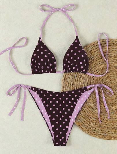 Plus Size Summer New Women's Suspender Solid Color Hanging Neck Pink Polka Dot Triangle Cup Two Pieces Bikini Set, Suitable For Vacation, Beach Date, Valentine's Day Lace Up Swimsuit Set