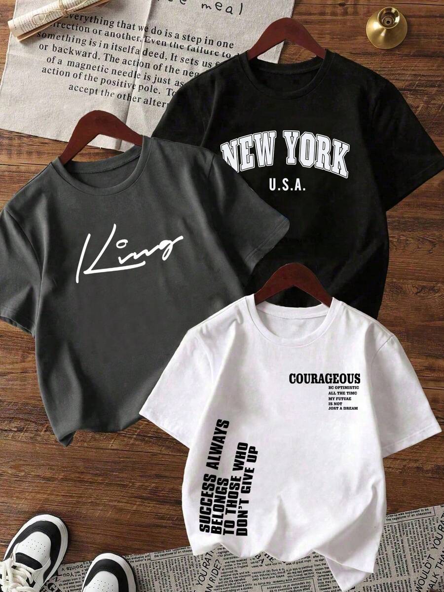 3件装男童字母印花圆领短袖T恤，夏季上衣 - 彩色 - 查看 1