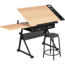 Height Adjustable Drafting Table Drawing Table Artist Desk Tilting Tabletop Art Craft Desk Watercolor Paintings Sketching Work Station W/2 Storage Drawers And Stool For Home Office - 杏色 - 查看 3