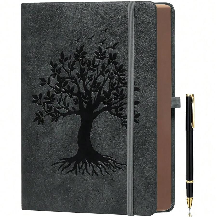 A5 360 Pages Lined Journaling Notebooks With Pen, Journals For Women Men Writing Notebook, Tree Of Life Design, Brown Edge Fine Inner Pocket - Dark Grey - 深灰色A5襯裡 - 查看 1