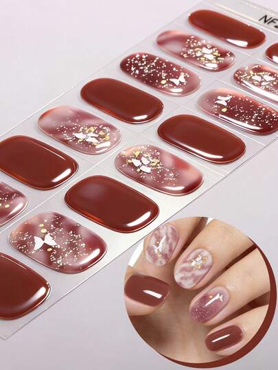 16 tiras de gel de uñas semi curadas - Láminas de uñas de gel con mariposas doradas y rojas de /verano con láser, requiere lámpara UV, fácil de aplicar - Calcomanías de uñas perfectas para días laborales de mujeres, uñas DIY en casa, suministros de uñas