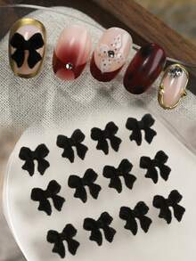 50pcs Mixed Winter Flocked Cute Black Bowknot Nail Art Decorations, 3D Flocked Kawaii Resin Ribbon Bow Decor, DIY Nail Art Accessories - Black - View 3