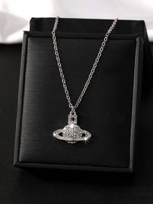 1 Pieza Collar Con Forma De Planeta Con Dije Geométrico Y Diamantes De Imitación - Plateado - Ver 5