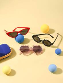 1 Set 3PCS Boy's And Girl's 3-8Y Polycarbonate Cat Eye Heart-Shaped Frame Cute Vers Fashion Glasses, Outdoor Travel Sun Protection Festival Party Outfit, With Glasses Case - Multicolor - View 7