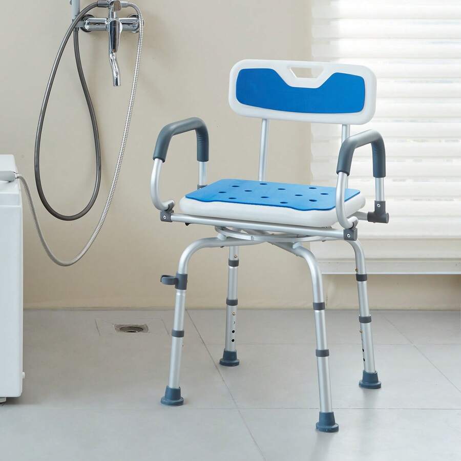 Silla de ducha giratoria 360 grados, asiento de ducha ajustable con brazos pivotantes para duchas o bañeras interiores, silla de ducha de bañera giratoria antideslizante para personas mayores con discapacidad heridas, capacidad de 400LBS - Azul - Ver 1