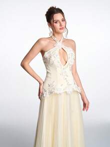 Anymoon Fairy 奢华甜美性感露背薄纱蝴蝶结立体缎面3D蕾丝串珠镂空系带后背褶皱薄纱舞会礼服，适合婚礼招待会、订婚派对、毕业舞会、公司晚宴、斋月庆祝活动 - 黃色 - 查看 6