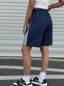 1件女童青少年運動休閒百搭夏季輕量透氣時尚條紋拼接百慕大短褲 - 藏蓝色 - 查看 2